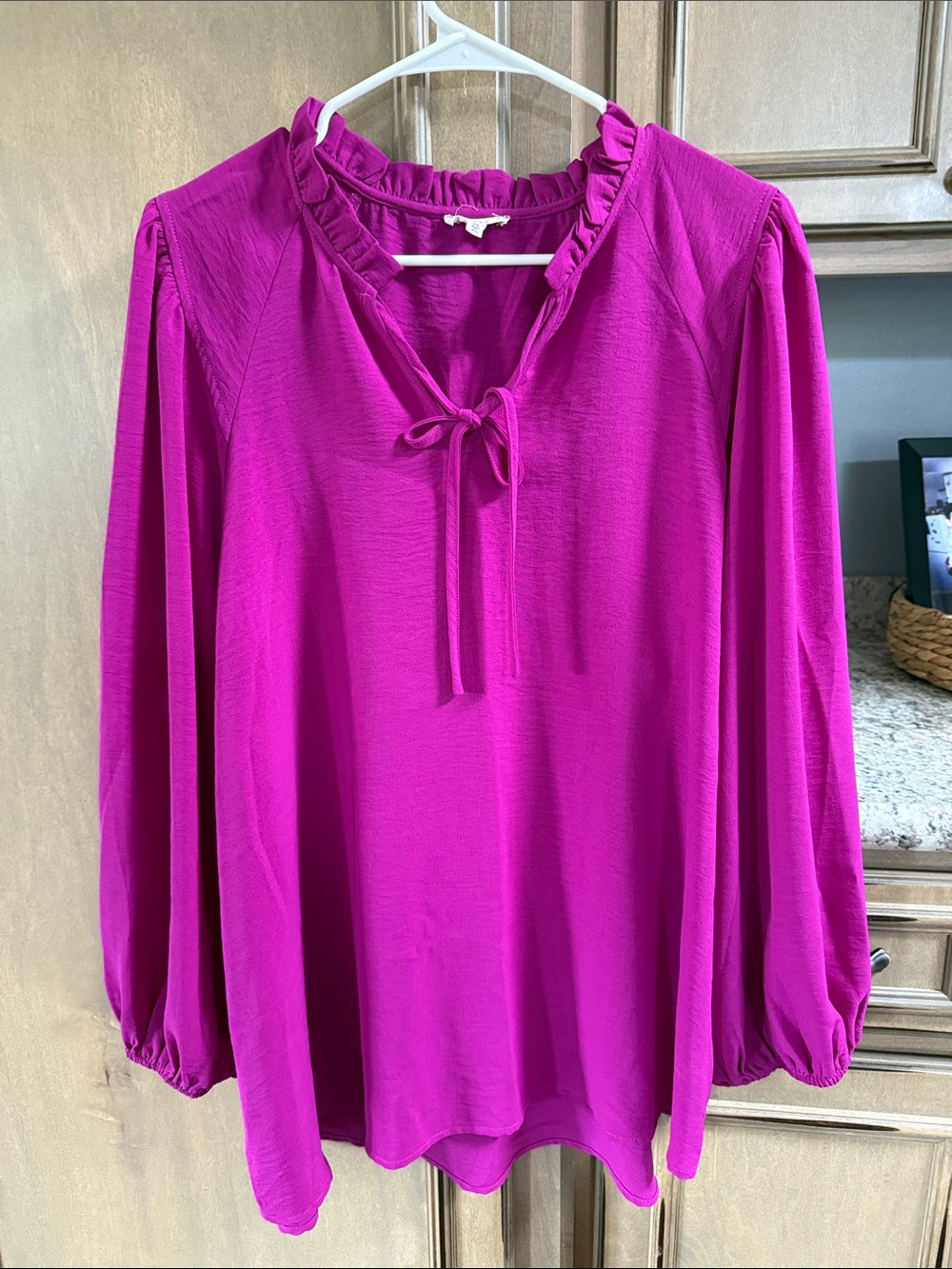JODIFL Fuchsia Ruffle Tie-Neck Blouse
